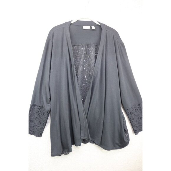 LOGO by Lori Goldstein Black Eyelet Long Cardigan-Size Large-Pockets - Picture 1 of 12